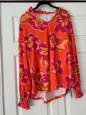 Women's Orange Floral V-Neck Long Sleeve Blouse